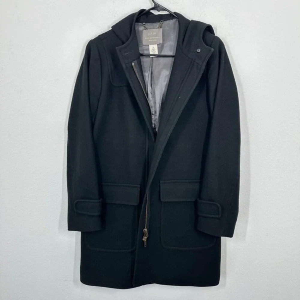 J. Crew Wool Cashmere Nello Duffle Coat Hooded Black Size 10 Classic Winter Warm
